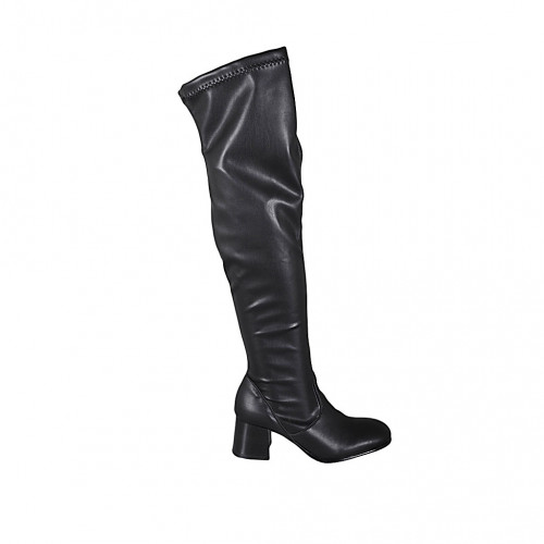 Botas sobre la rodilla para mujer en piel y material elastico negro con media cremallera tacon 6 - Tallas disponibles:  32, 33, 34, 43, 45