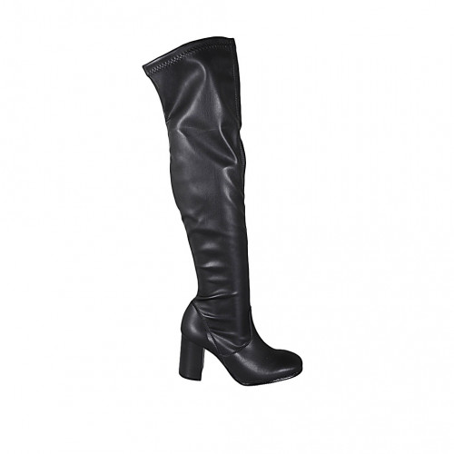 Botas sobre la rodilla para mujer en piel y material elastico negro con media cremallera tacon 8 - Tallas disponibles:  32, 33, 34, 42