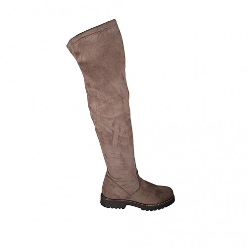 Bottes au dessus de genou pour femmes en daim et matériau elastique taupe avec demi fermeture éclair talon 3 - Pointures disponibles:  34, 43