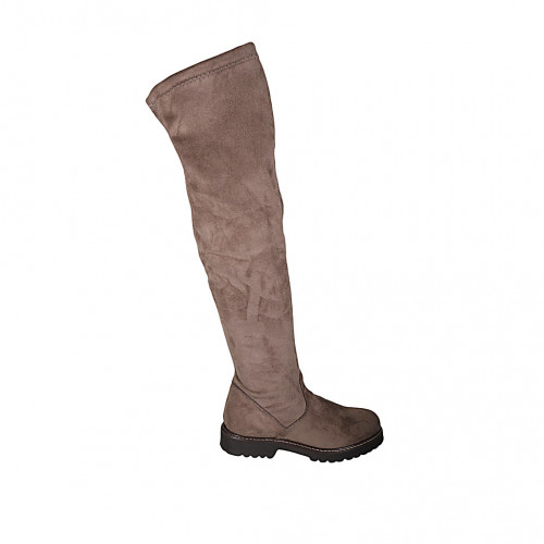 Woman's over-the-knee boot in taupe suede and elastic material with half zipper heel 3 - Available sizes:  34, 43