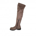 Botas a la rodilla para mujer en gamuza y material élastico gris pardo con media cremallera tacon 3 - Tallas disponibles:  34, 43