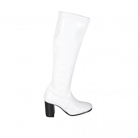 Woman's boot in white elastic material and patent leather with half zipper heel 8 - Available sizes: 42, 44
