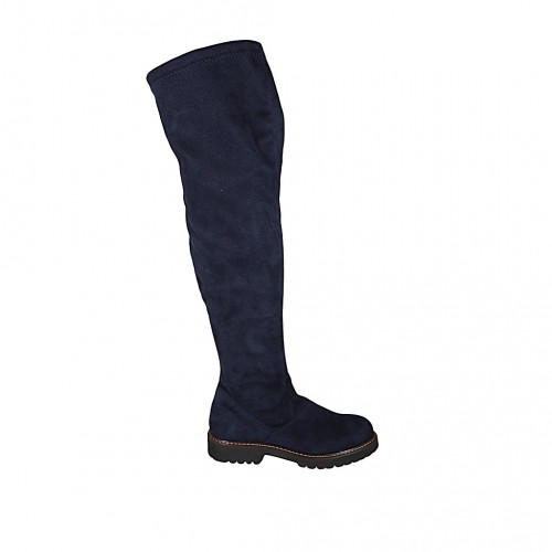 Botas a la rodilla para mujer en gamuza y material elastico azul con media cremallera tacon 3 - Tallas disponibles:  33, 43