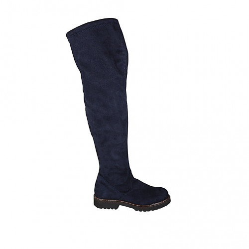 Bottes au dessus de genou pour femmes en daim et matériau elastique bleu avec demi fermeture éclair talon 3 - Pointures disponibles:  33, 43