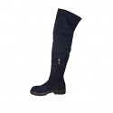Botas a la rodilla para mujer en gamuza y material elastico azul con media cremallera tacon 3 - Tallas disponibles:  33, 43