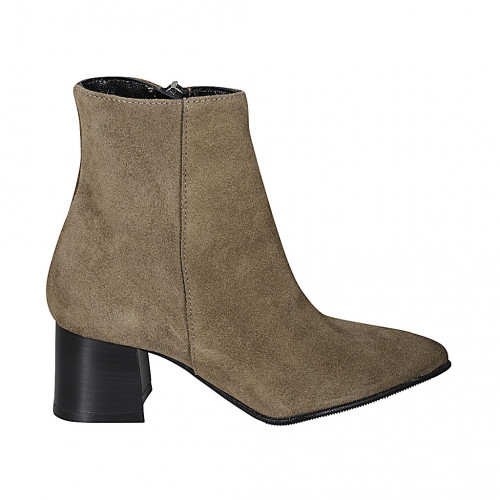 Bottines bout pointu pour femmes avec fermeture clair en daim beige talon 6