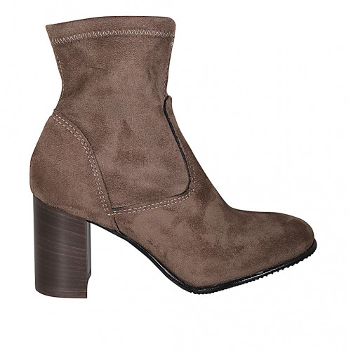 Woman's ankle boot with zipper in taupe elastic material and suede heel 8 - Available sizes:  42, 43