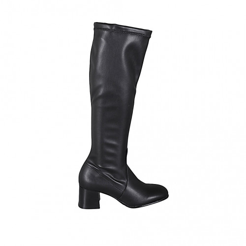 Woman's boot with half zipper in black leather and elastic material heel 6 - Available sizes:  33, 43