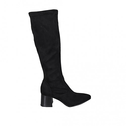 Woman's pointy boot with half zipper in black suede and elastic material heel 6 - Available sizes:  33, 43