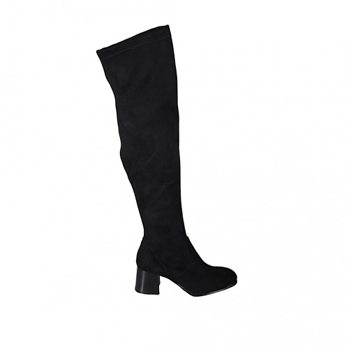 Botas sobre la rodilla para mujer en gamuza y material elastico negro con media cremallera tacon 6 - Tallas disponibles:  32, 33, 34, 43, 44