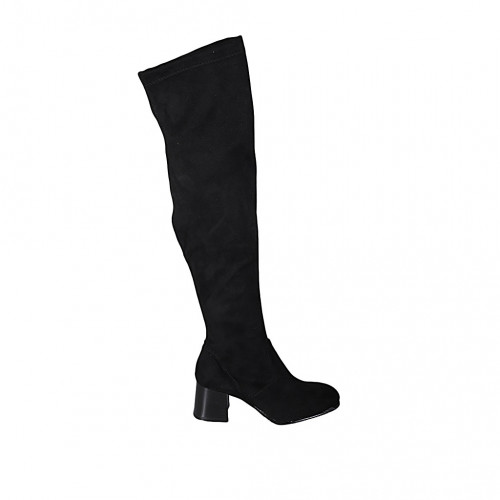 Bottes au dessus de genou pour femmes en daim et matériau elastique noir avec demi fermeture éclair talon 6 - Pointures disponibles:  32, 33, 34, 43