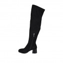 Botas sobre la rodilla para mujer en gamuza y material elastico negro con media cremallera tacon 6 - Tallas disponibles:  32, 33, 34, 43
