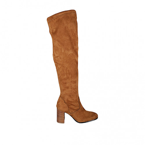 Woman's over-the-knee boot in tan brown elastic material and suede with half zipper heel 8 - Available sizes:  34, 42