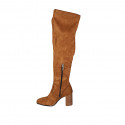 Woman's over-the-knee boot in cognac brown elastic material and suede with half zipper heel 8 - Available sizes:  34, 42