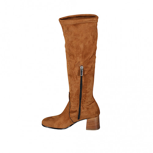 Damenstiefel mit halbem Reißverschluß aus cognacbraunem elastischem Material und Wildleder Absatz 6