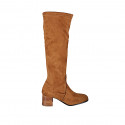 Woman's boot with half zipper in cognac brown suede and elastic material heel 6 - Available sizes:  42, 43