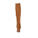 Woman's boot with half zipper in cognac brown suede and elastic material heel 6 - Available sizes:  42, 43