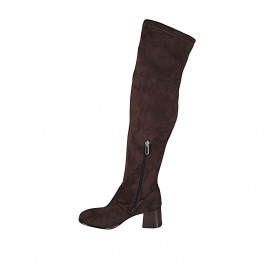 Botas sobre la rodilla para mujer en gamuza y material elastico marron con media cremallera tacon 6 - Tallas disponibles:  32, 34 2