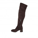 Botas sobre la rodilla para mujer en gamuza y material elastico marron con media cremallera tacon 6 - Tallas disponibles:  32, 34, 43