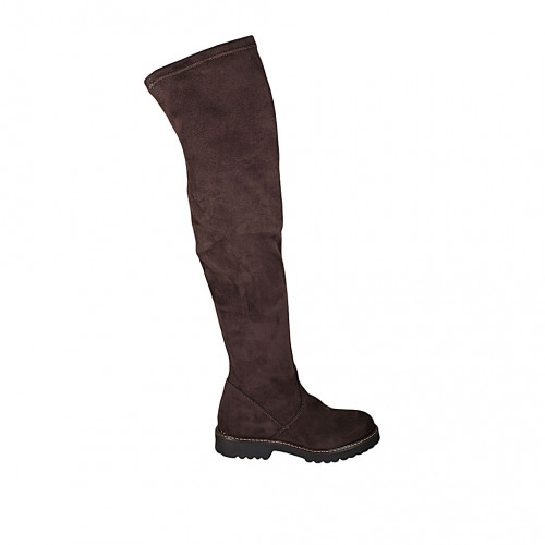 Botas a la rodilla para mujer en gamuza y material elastico marron con media cremallera tacon 3 - Tallas disponibles:  33, 34