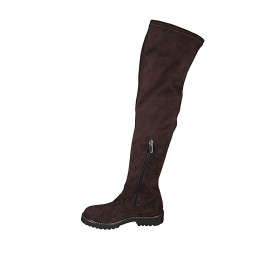 Botas a la rodilla para mujer en gamuza y material elastico marron con media cremallera tacon 3 - Tallas disponibles:  34 2