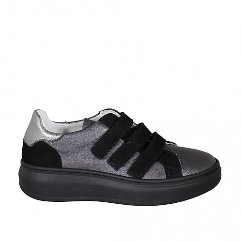 Scarpa da donna con velcro e plantare estraibile in pelle grigia e argento e camoscio nero zeppa 4 - Misure disponibili: 43, 44