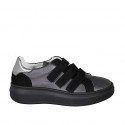 Woman's shoe with velcro straps and removable insole in gray and silver leather and black suede wedge heel 4 - Available sizes:  43, 44, 45