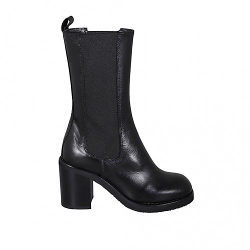 Woman's high ankle boot in black leather with elastic bands and squared tip heel 8 - Available sizes:  42
