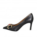 Zapato de salon en piel negra para mujer con accessorio tacon 8 - Tallas disponibles:  31, 32, 34, 42, 43