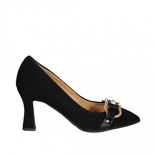 Escarpin pour femmes avec accessoire en daim et cuir verni noir talon 8 - Pointures disponibles:  42