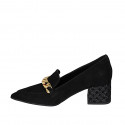 Woman's pointy mocassin with accessory in black suede and printed patent leather heel 5 - Available sizes:  34, 43, 46