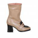 Woman's ankle boot with zipper in nude leather and black patent leather heel 8 - Available sizes:  32, 33, 42, 44, 45