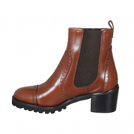 Woman's ankle boot with elastic bands and captoe in cognac brown leather heel 6 - Available sizes:  43 2