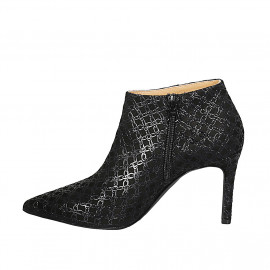 Woman's ankle boot with zipper in black printed suede and patent leather heel 9 - Available sizes:  32 2