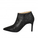 Woman's ankle boot with zipper in black printed suede and patent leather heel 9 - Available sizes:  32, 42