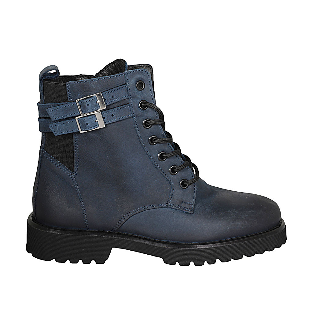 Woman s laced ankle boot with zipper elastic bands and buckles in blue leather heel 3