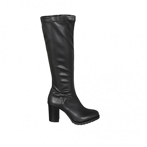 Woman's boot with zipper in black leather and elastic material heel 7 - Available sizes:  32, 42, 43