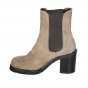 Woman's ankle boot with elastic bands and squared tip in taupe suede heel 8 - Available sizes:  43, 44