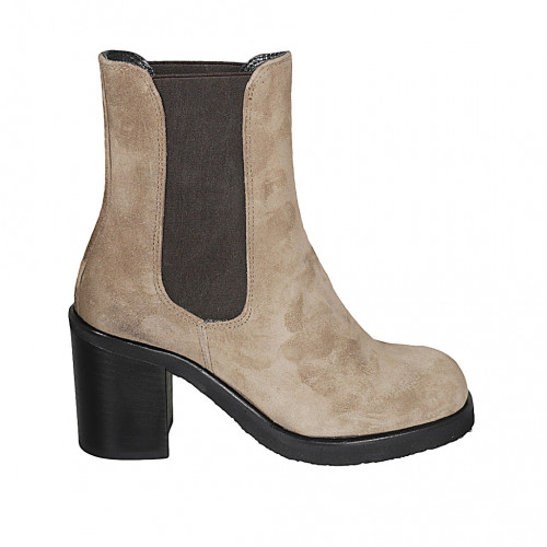 Woman's ankle boot with elastic bands and squared tip in taupe suede heel 8 - Available sizes:  43, 44