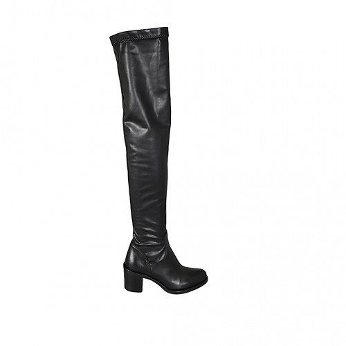 Woman's over-the-knee boot in black elastic material and leather heel 7 - Available sizes:  33, 43