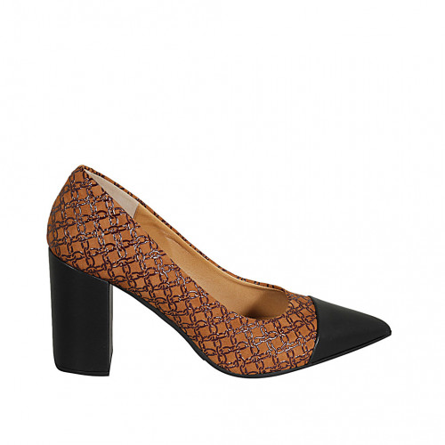 Woman's pointy pump in black leather and tan and brown printed suede heel 8