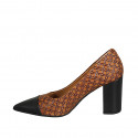 Escarpin à bout pointu pour femmes en cuir noir et daim imprimé cognac et marron talon 8 - Pointures disponibles:  42