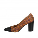 Woman's pointy pump shoe in black leather and tan and brown printed suede heel 8 - Available sizes:  34, 42, 43, 44