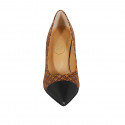 Woman's pointy pump shoe in black leather and tan and brown printed suede heel 8 - Available sizes:  34, 42, 43, 44