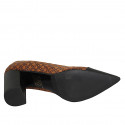 Zapato de salón puntiagudo para mujer en piel negra y gamuza imprimida cognac y marron tacon 8 - Tallas disponibles:  42