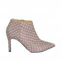 Woman's ankle boot with zipper in taupe printed suede and patent leather heel 9 - Available sizes:  32, 42