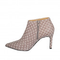 Woman's ankle boot with zipper in taupe printed suede and patent leather heel 9 - Available sizes:  32, 42