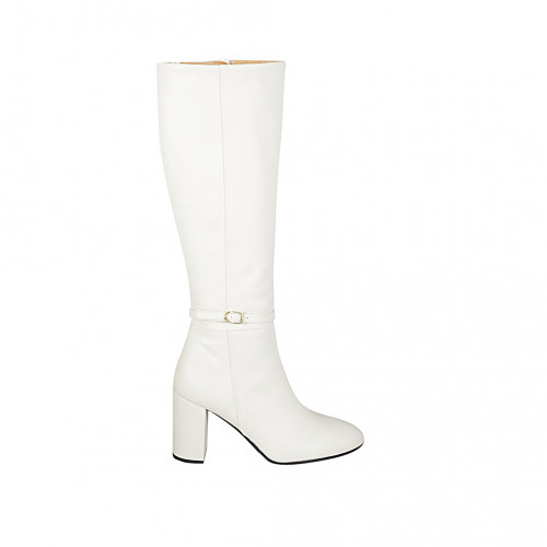 Woman's boot with buckle and zipper in white leather heel 8 - Available sizes:  42