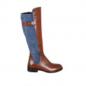 Woman's boot with zipper and buckle in tan brown leather and light blue suede heel 3 - Available sizes:  42, 43