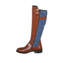 Woman's boot with zipper and buckle in cognac brown leather and light blue suede heel 3 - Available sizes:  42